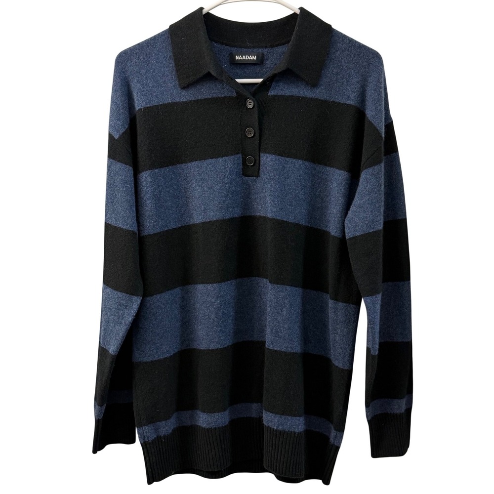 NAADAM Striped‎ Polo Sweater Cashmere Blue Black Size XS Cozy Unisex Knit